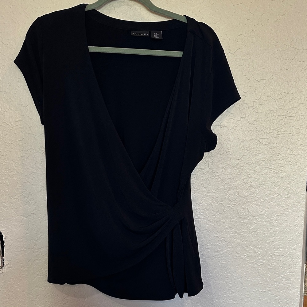 Tahari Black Short Sleeve Wrap Blouse